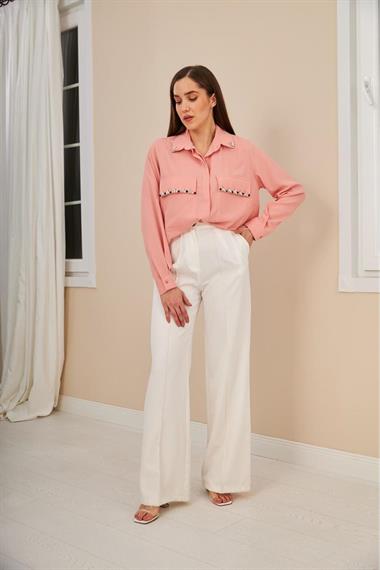 Wholesale Powder Stone Embroidered Satin Shirt