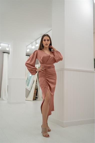 Toptan Pudra V Yaka Saten Elbise