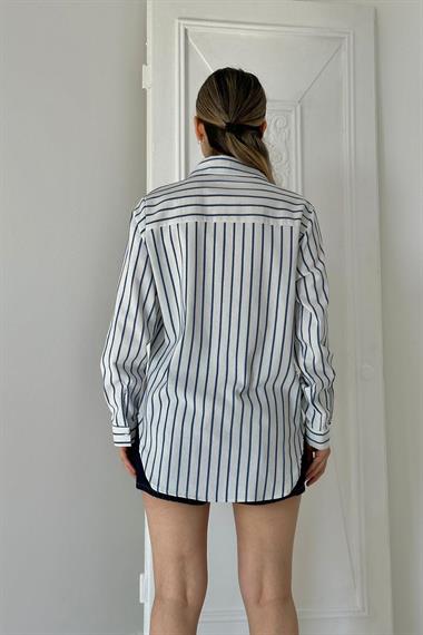 Toptan Saks Çizgili Taşlı Gömlek