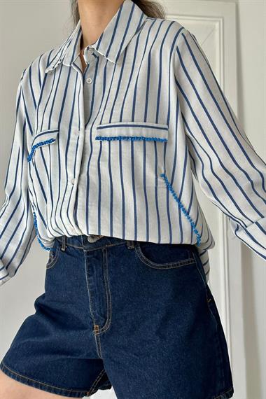 Toptan Saks Çizgili Taşlı Gömlek