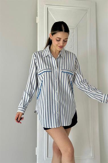 Toptan Saks Çizgili Taşlı Gömlek