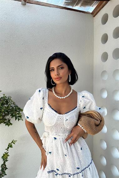 Toptan Saks Dantel Detaylı Brode Elbise