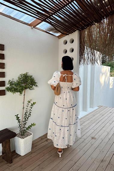 Toptan Saks Dantel Detaylı Brode Elbise