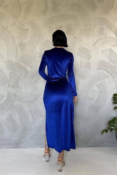 Toptan Saks Eteği Yırtmaçlı Kadife Elbise