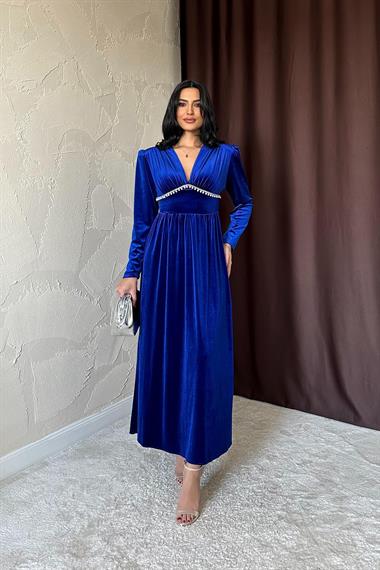 Toptan Saks Göğüs Altı Taşlı Elbise