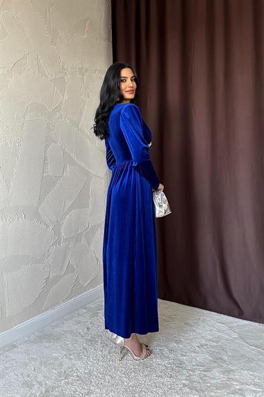 Toptan Saks Göğüs Altı Taşlı Elbise
