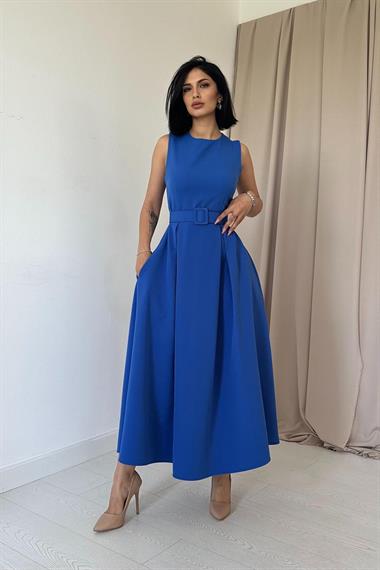 Toptan Saks Halter Yaka Kloş Elbise