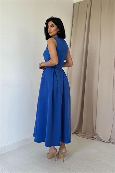 Toptan Saks Halter Yaka Kloş Elbise