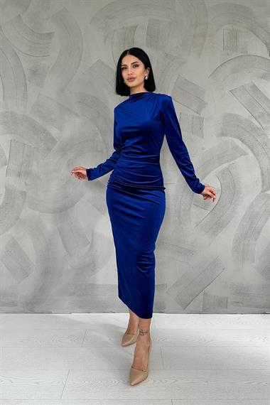 Toptan Saks Kadife Dik Yaka Elbise