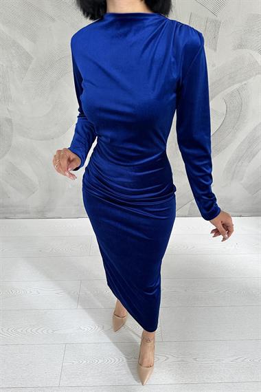 Toptan Saks Kadife Dik Yaka Elbise