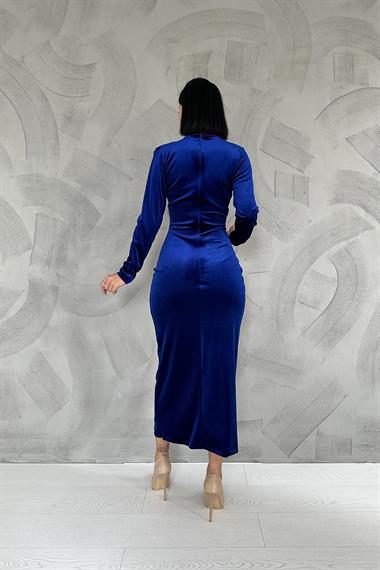 Toptan Saks Kadife Dik Yaka Elbise