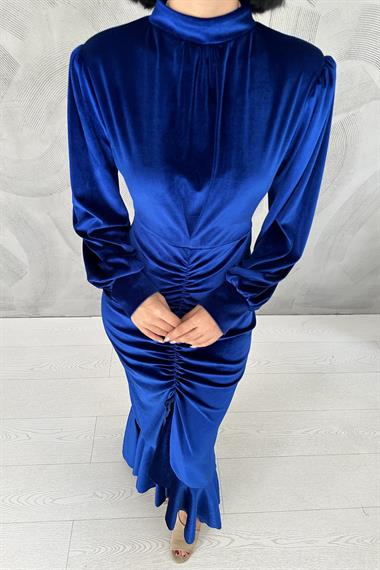 Toptan Saks Önü Büzgülü Dik Yaka Elbise