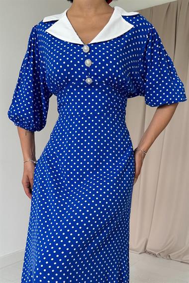 Toptan Saks Puantiyeli Korsajlı Elbise