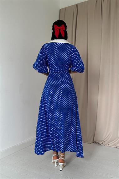 Toptan Saks Puantiyeli Korsajlı Elbise