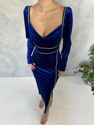 Toptan Saks Taş Şeritli Yırtmaçlı Kadife Elbise