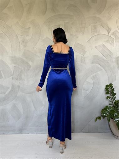 Toptan Saks Taş Şeritli Yırtmaçlı Kadife Elbise