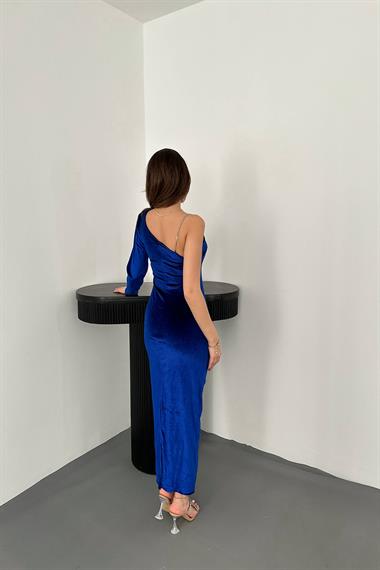 Toptan Saks Tek Omuzlu Taş Askılı Elbise