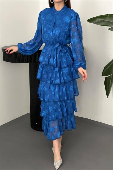 Toptan Saks Valonlu Şeritli Kat Kat Elbise