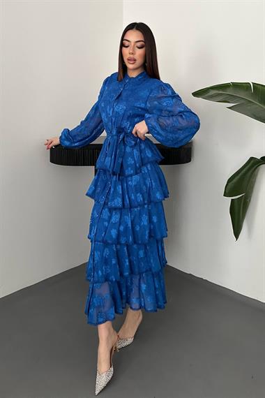 Toptan Saks Valonlu Şeritli Kat Kat Elbise