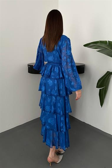 Toptan Saks Valonlu Şeritli Kat Kat Elbise