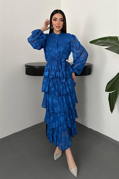 Toptan Saks Valonlu Şeritli Kat Kat Elbise