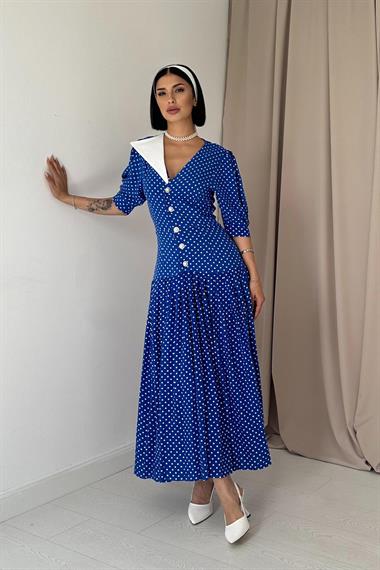 Toptan Saks Yaka Detaylı Elbise