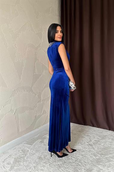 Toptan Saks Yakası Taşlı Büzgülü Elbise
