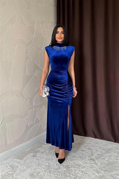 Toptan Saks Yakası Taşlı Büzgülü Elbise