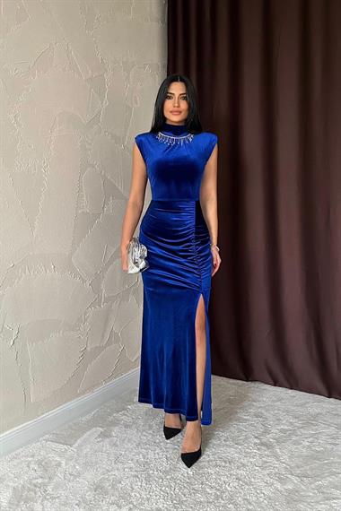 Toptan Saks Yakası Taşlı Büzgülü Elbise