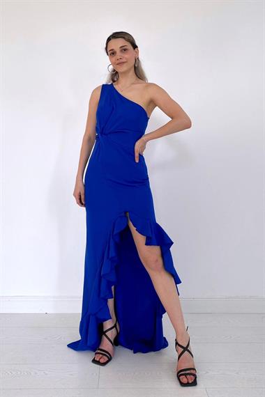 Toptan Saks Yırtmaçlı Volanlı Elbise