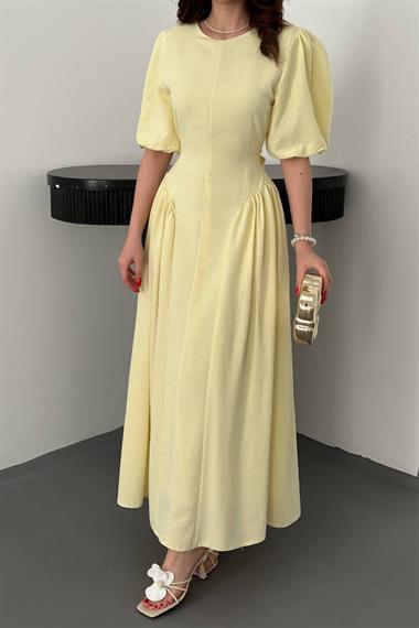 Toptan Sarı Arkadan Bağlamalı Büzgülü Keten Elbise