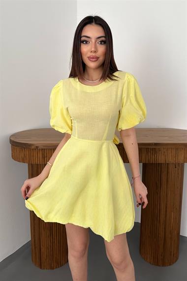 Toptan Sarı Arkadan Bağlamalı Keten Elbise