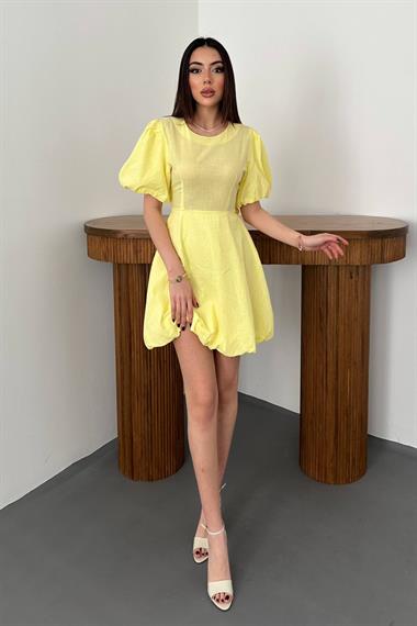 Toptan Sarı Arkadan Bağlamalı Keten Elbise