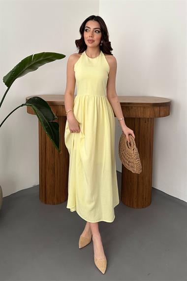 Toptan Sarı Arkası Gipeli Keten Elbise
