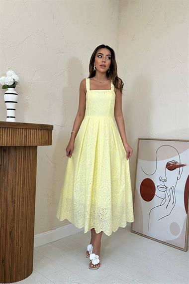 Toptan Sarı Askılı Aparatlı Brode Elbise