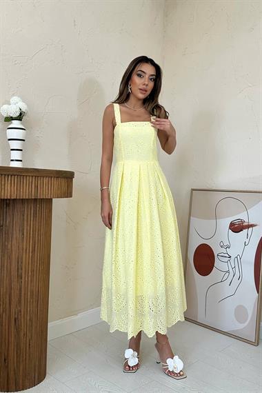 Toptan Sarı Askılı Aparatlı Brode Elbise