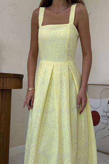 Toptan Sarı Askılı Aparatlı Brode Elbise