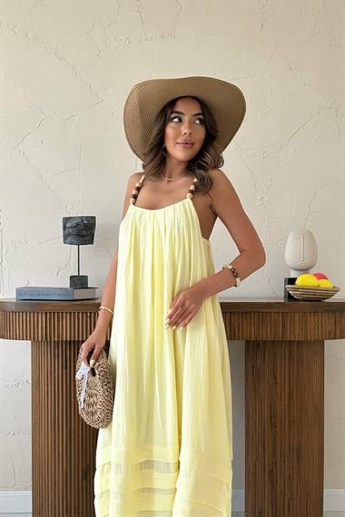Toptan Sarı Askılı Müslin Elbise
