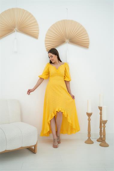 Toptan Sarı Balon Kollu Brode Elbise