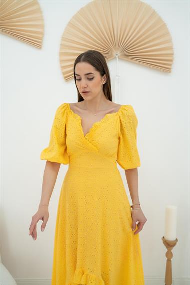 Toptan Sarı Balon Kollu Brode Elbise