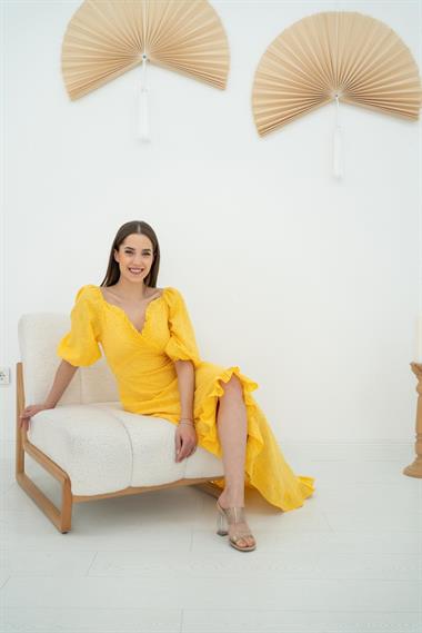 Toptan Sarı Balon Kollu Brode Elbise