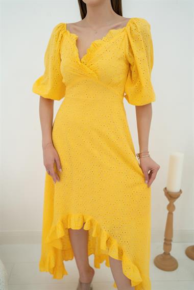 Toptan Sarı Balon Kollu Brode Elbise