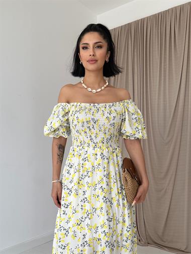 Toptan Sarı Baskılı Gipe Detaylı Elbise
