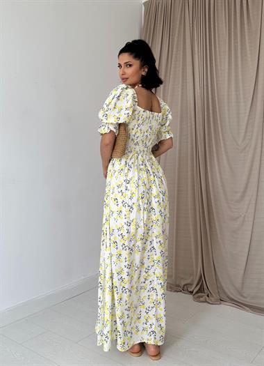 Toptan Sarı Baskılı Gipe Detaylı Elbise