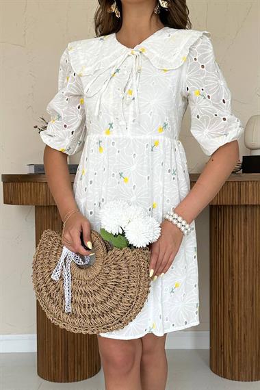 Toptan Sarı Bebe Yakalı Brode Elbise