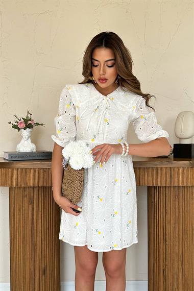 Toptan Sarı Bebe Yakalı Brode Elbise