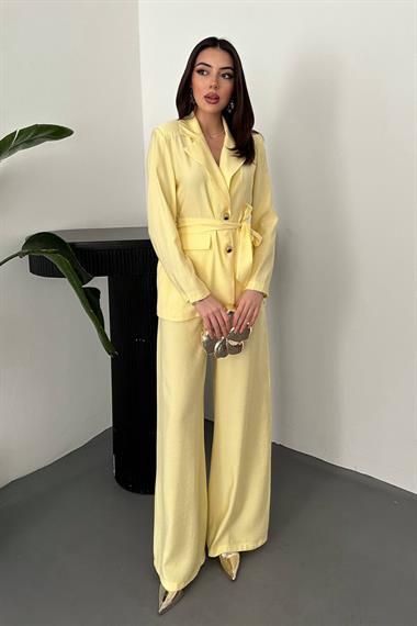 Toptan Sarı Belden Bağlamalı Ceket Ve Pantolon Takım
