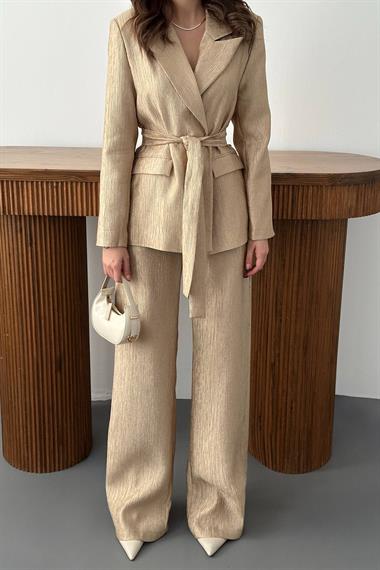 Toptan Sarı Beli Kuşaklı Ceket ve Pantolon Parlak Takım