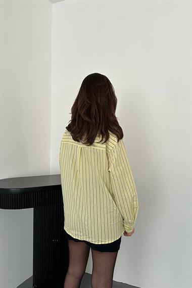 Toptan Sarı Boyundan Bağlamalı Çizgili Gömlek