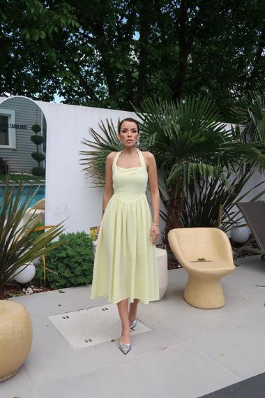 Toptan Sarı Boyundan Bağlamalı Keten Elbise